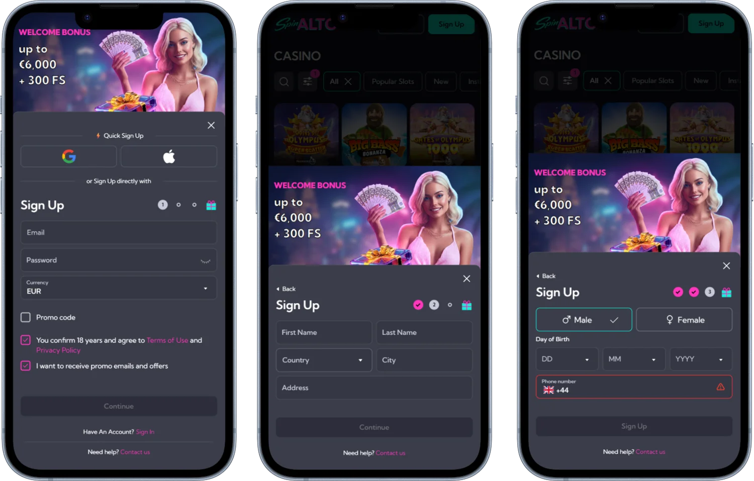 Spinalto Casino Register and Login
